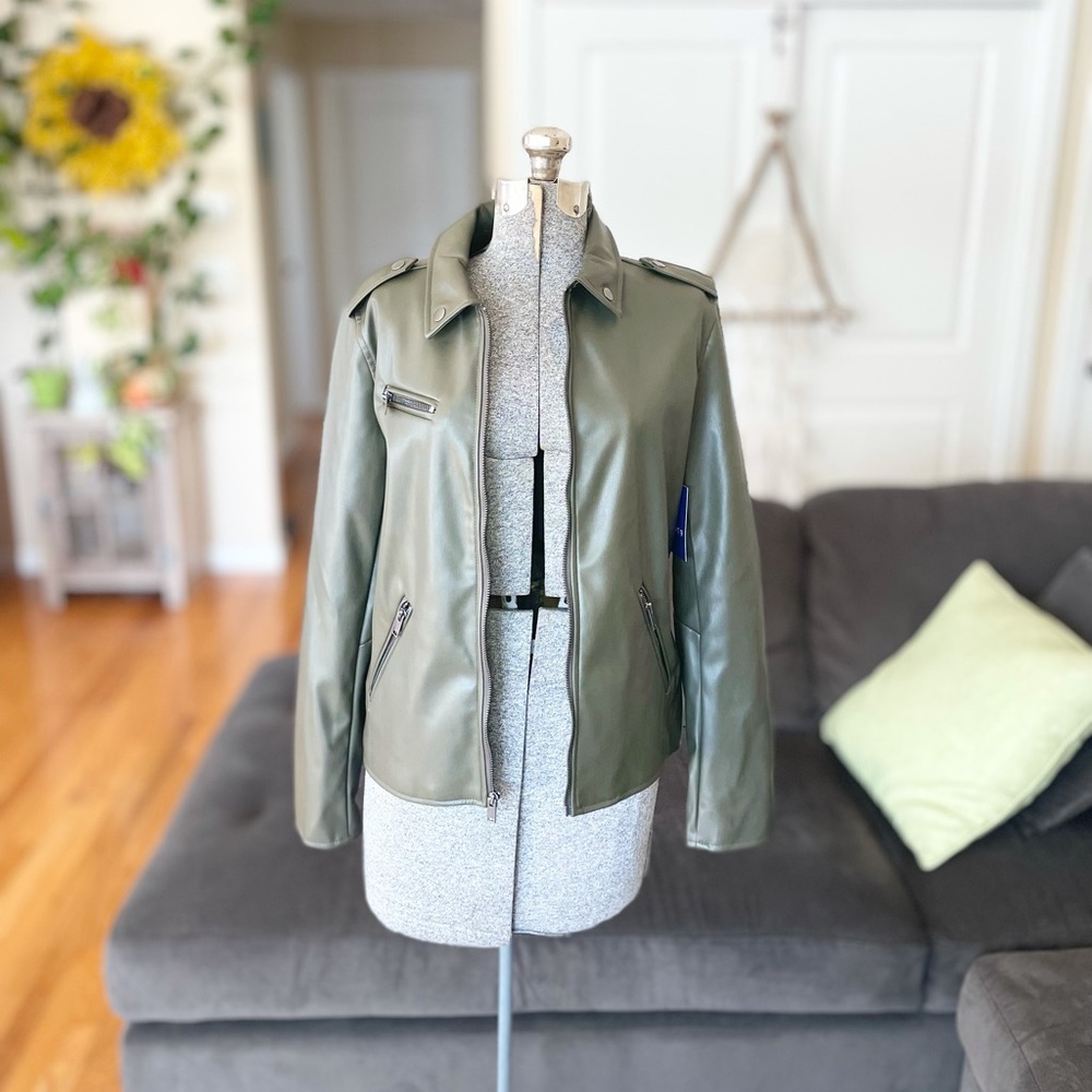 APT. 9 Olive green imitation leather light biker faux leather jacket